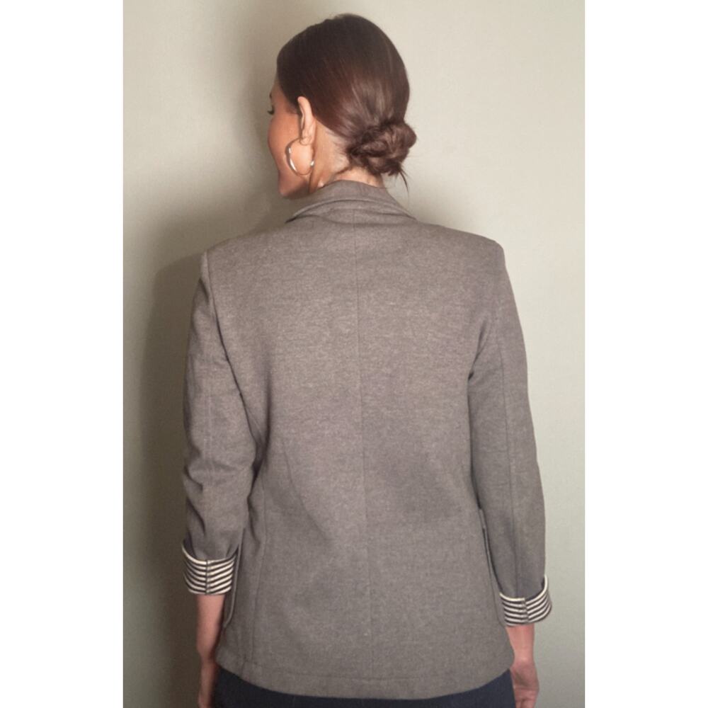 Zara Gray Knit Blazer Interior Cotton Stripes ~ Nautical Prep ~ Men S Women M/L - Picture 2 of 7